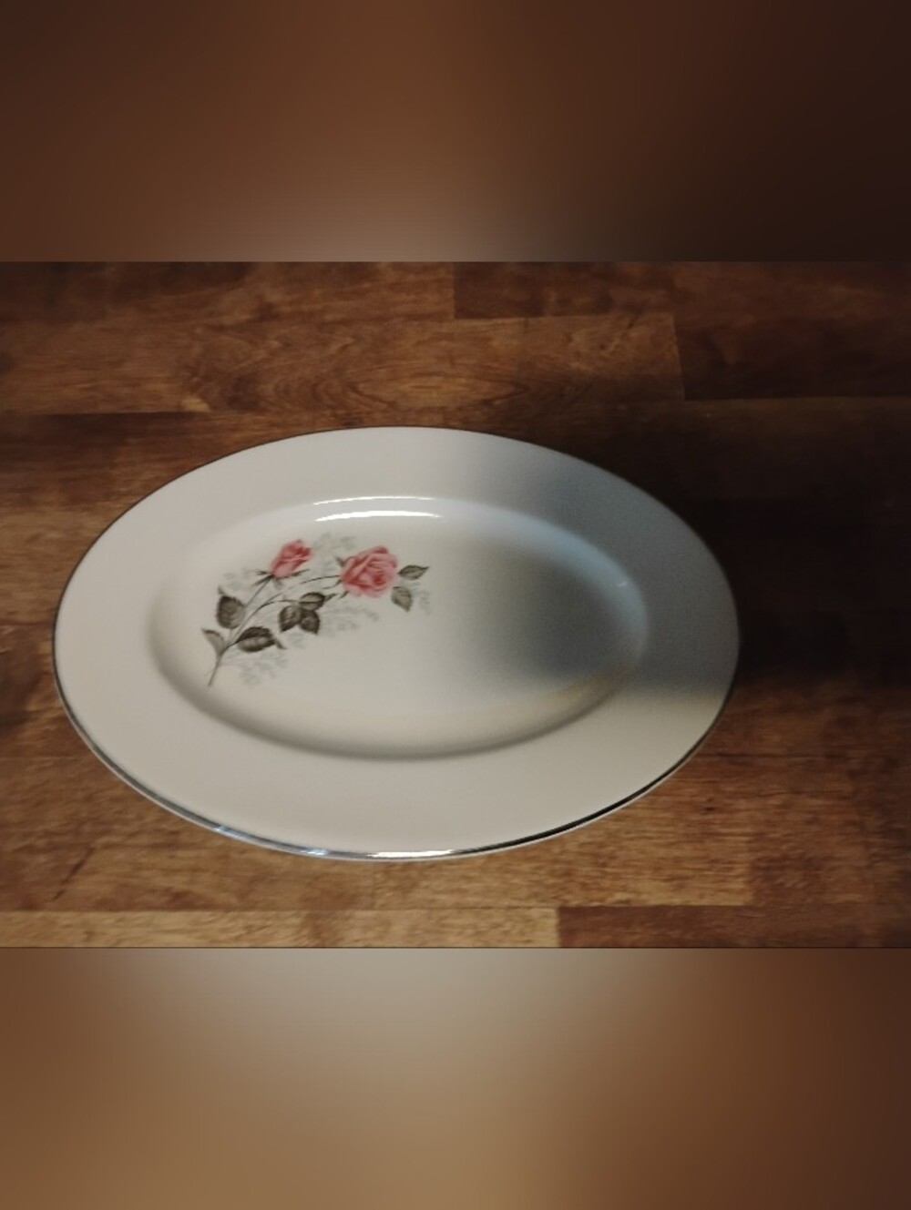 Vintage Fine China Pink Rose Oval Serving Platter Silver Trim Shabby Chic Replac